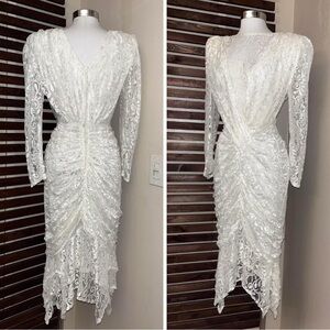 1980s 80s Ivory Draped Sheer Lace Wedding Prom Dress w/ Shoulder Pads - Small